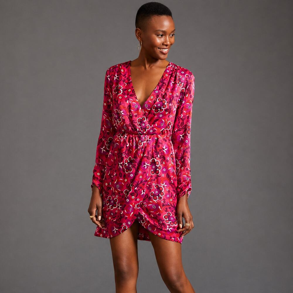 Maeve by Anthropologie Mini Dress Floral Long Sleeve Faux Wrap Pink Magenta XS